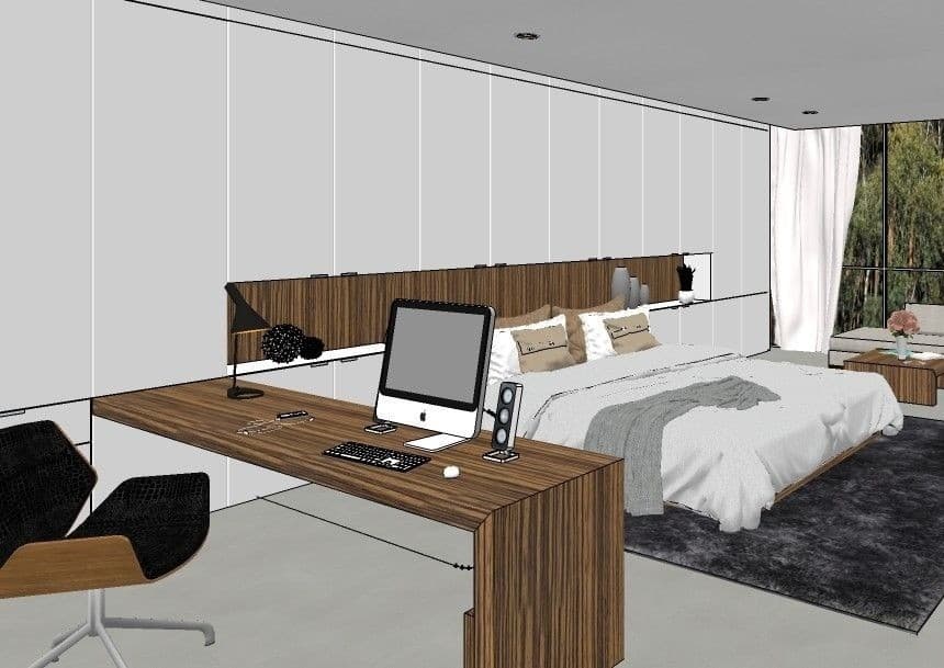 Raw model view of a bedroom with a bed, desk, wardrobe wall, seating area and a forest-facing facade.