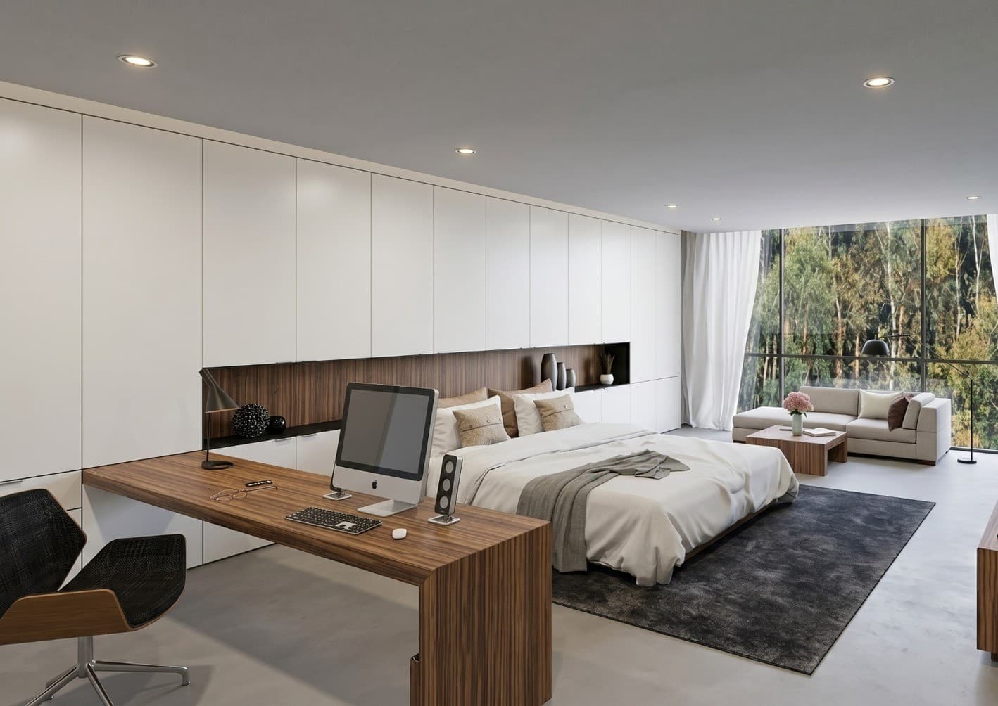 The same bedroom rendered with soft daylight, textured fabrics, warm timber surfaces and a detailed forest view.