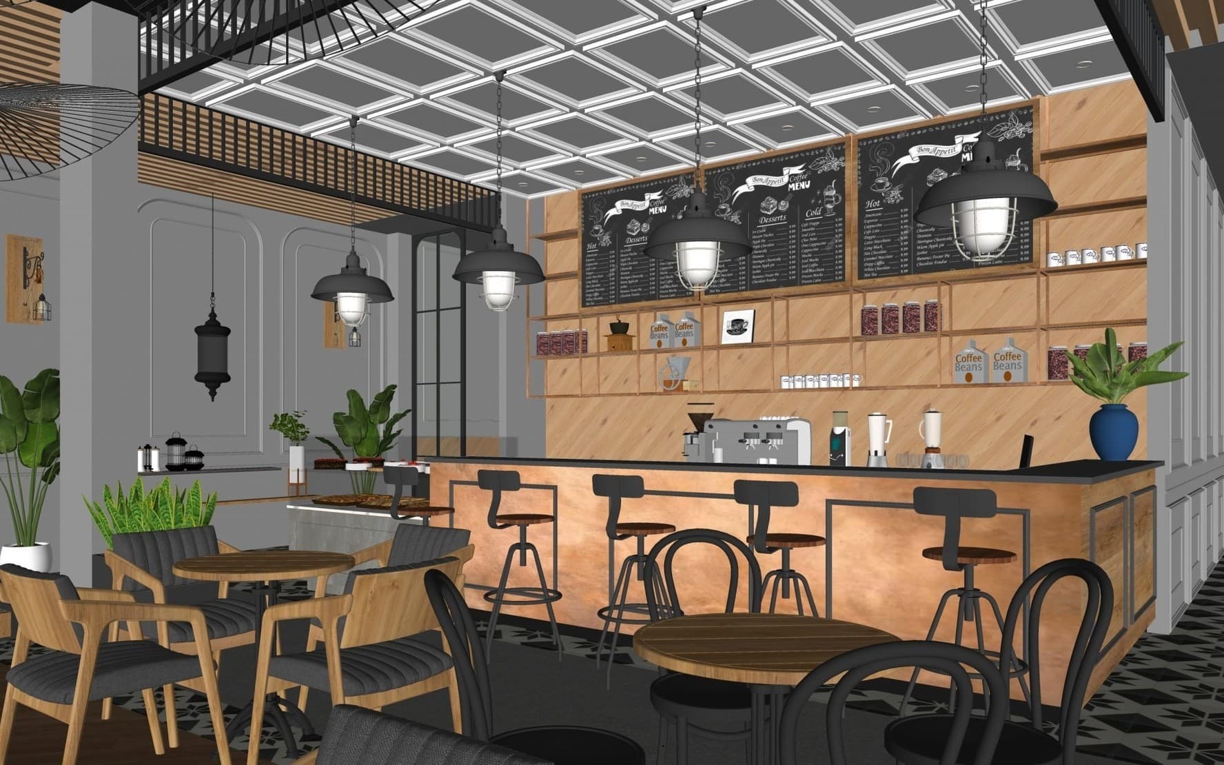 Raw model view of a cafe service area with a stone-topped counter, a timber shelving wall, timber-framed seating and suspended pendant lighting.