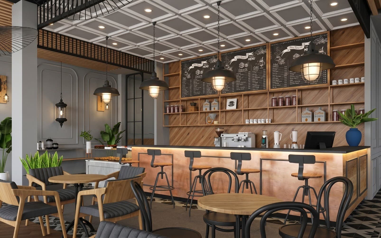 The same cafe service area rendered with realistic timber grain, believable stone and warm pendant light, its layout unchanged.