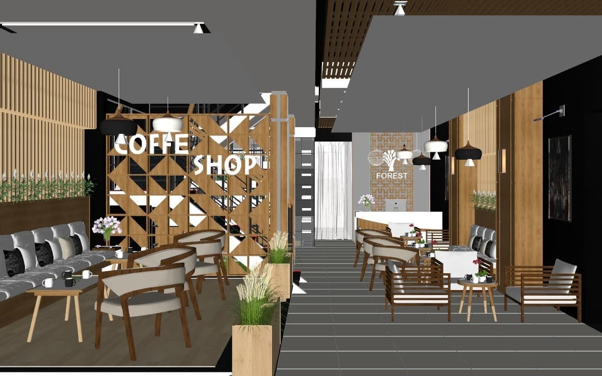 Raw model view of a coffee shop with timber dividers, lounge seating groups and a dark ceiling.