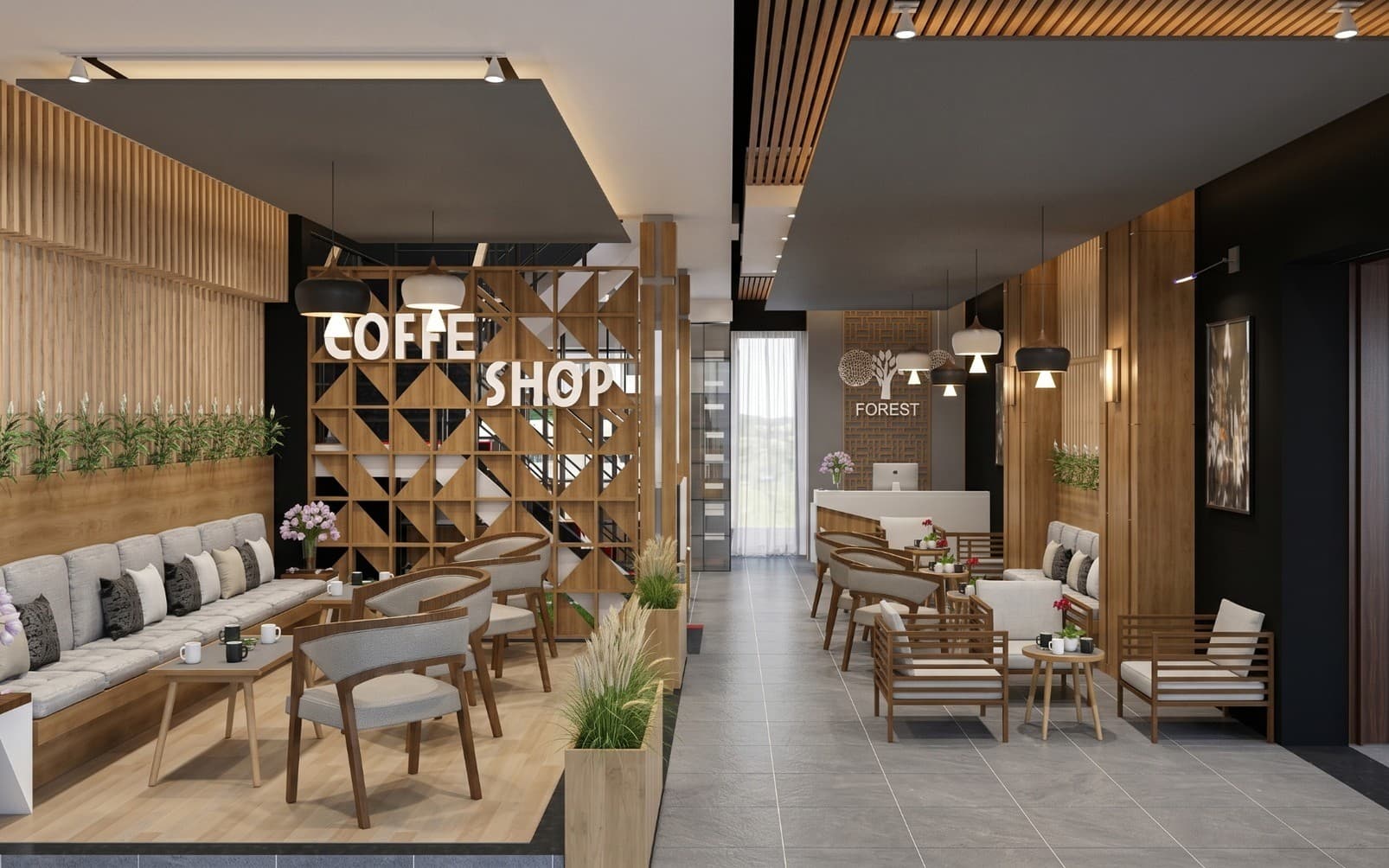 The same coffee shop rendered as a finished commercial interior with brand-level atmosphere and material detail.
