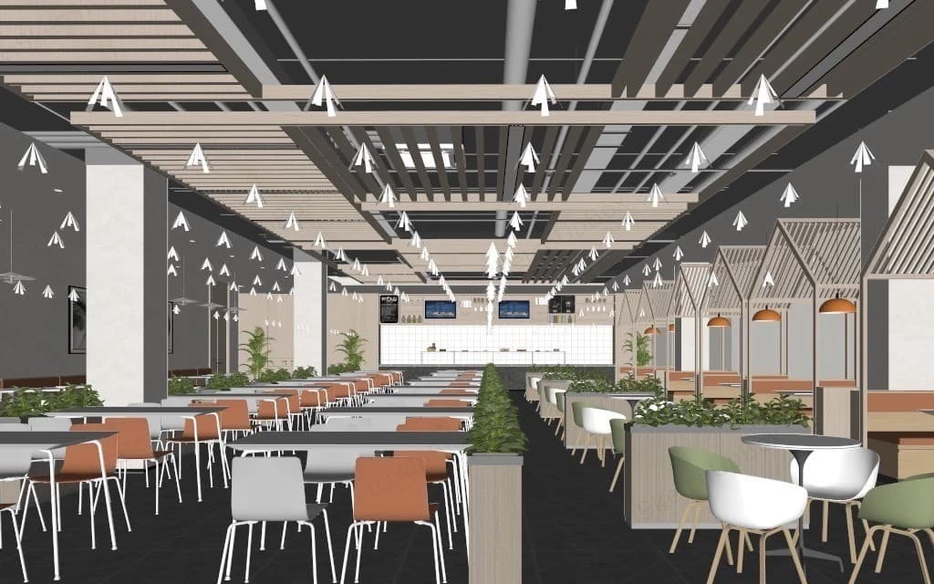 Raw model view of a narrow fast-food interior with a service counter, orange accent wall and menu panels.