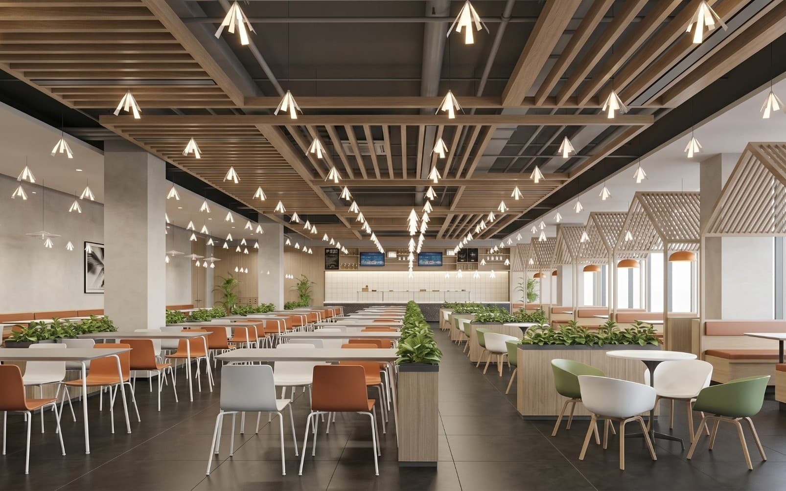The same fast-food interior rendered with defined material finishes, layered lighting and stronger spatial depth.