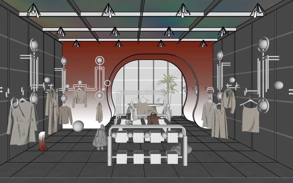 Raw model view of a symmetrical retail interior with a central product island and illuminated wall units.