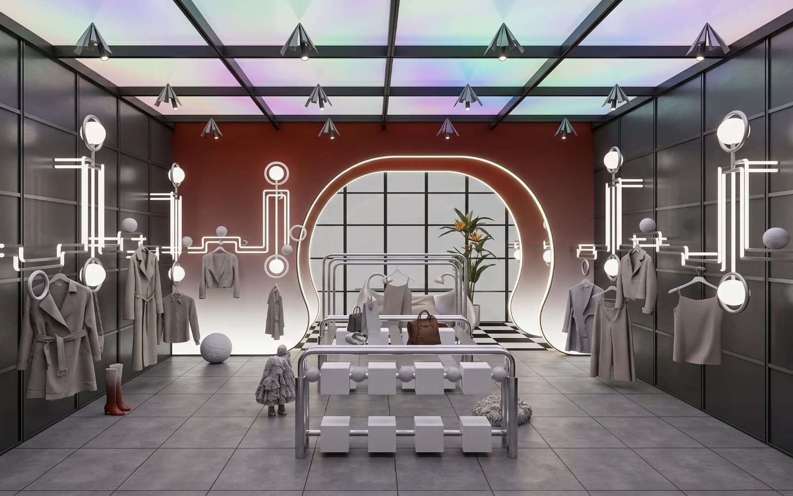 The same retail interior rendered with warm accent lighting, reflective floor and realistic product display materials.